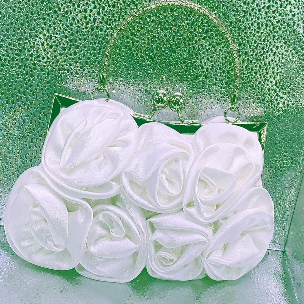 White satin rose clutch purse